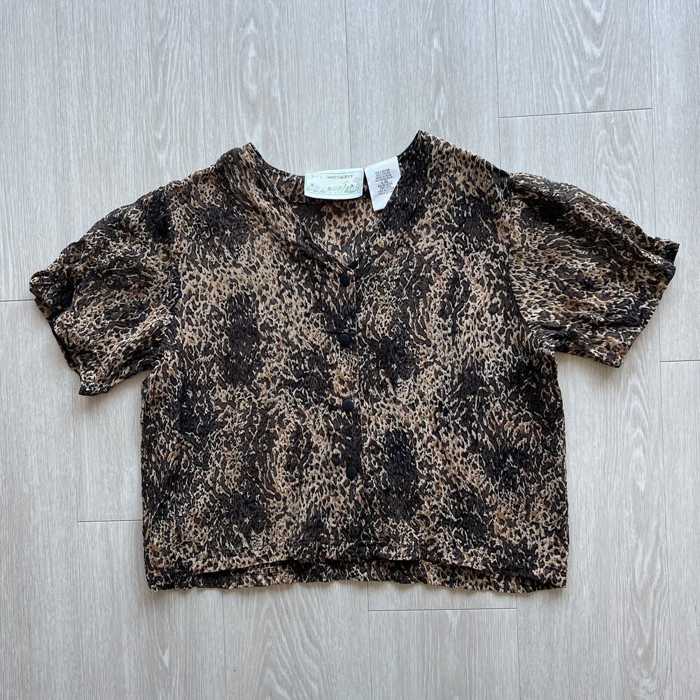 RJ Sweetwater Cropped Blouse Womens Large Animal Print Sheer Button Top Vintage